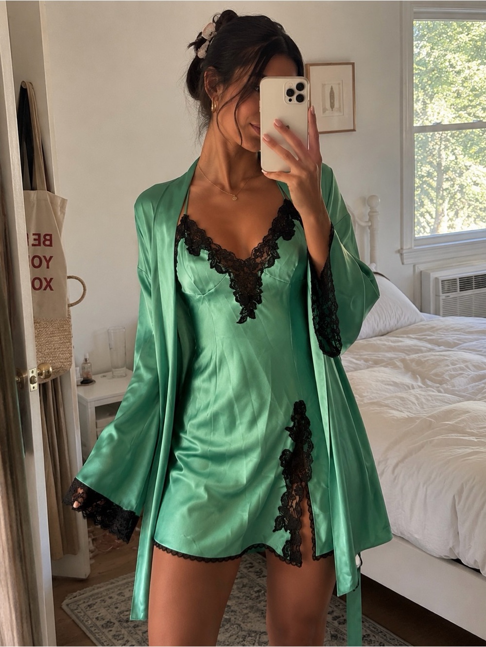 NWT SET Frederick’s of Hollywood Jade Green Satin Lace Slip Dress & Robe m